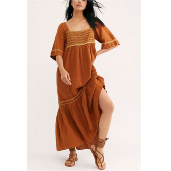 Free People I'm The One Embroidered Maxi Dress Women's Size Large Brown Boho - Picture 1 of 11